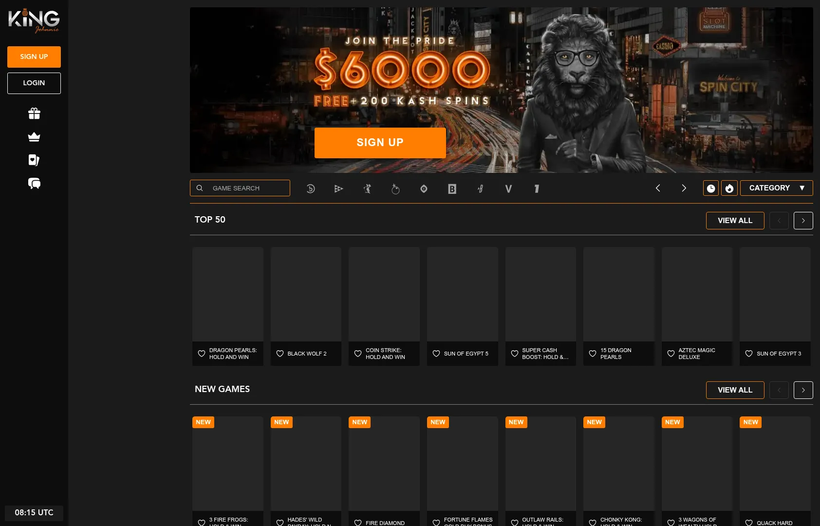 King Johnny Kash Casino desktop view with casino games and account features