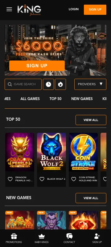 King Johnny Kash Casino mobile browser view on a smartphone